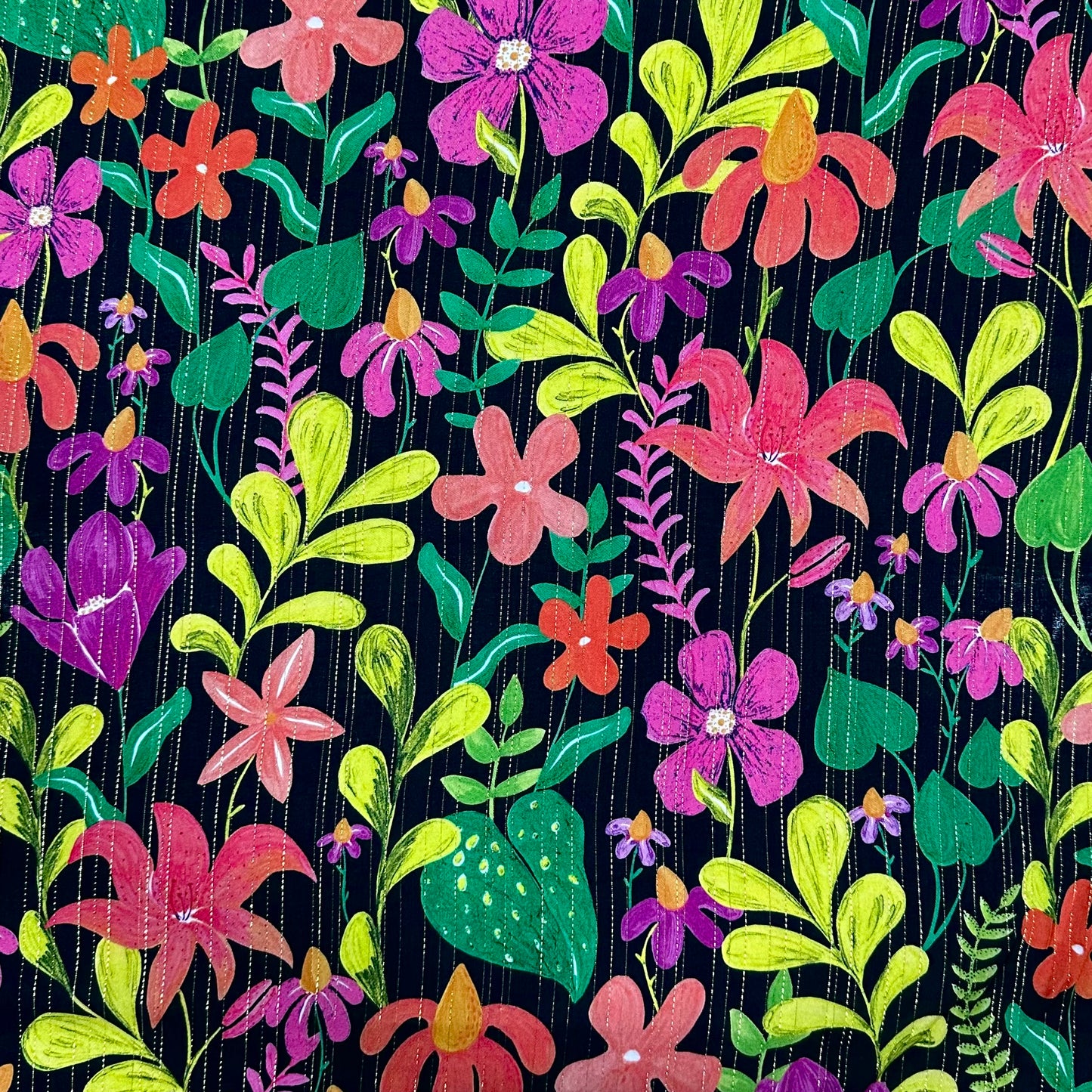 Neon Garden - Bunter Blumenstoff auf dunklem Grund | Viskose