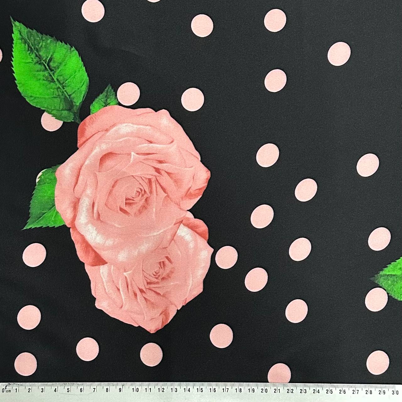 Pink roses &amp; dots on black | Viscose