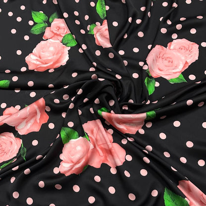 Pink roses &amp; dots on black | Viscose