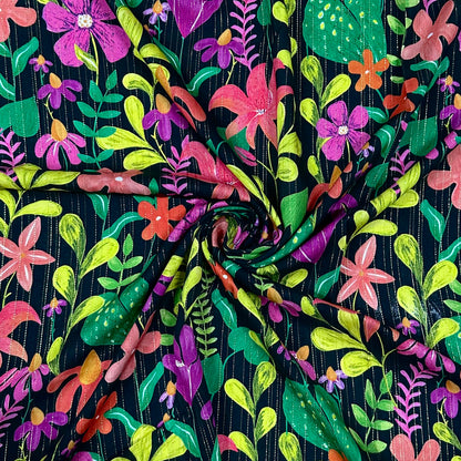 Neon Garden - Bunter Blumenstoff auf dunklem Grund | Viskose