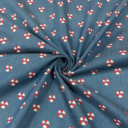 Nautic Denim - Jeansstoff mit maritimen Rettungsringen | Baumwolle