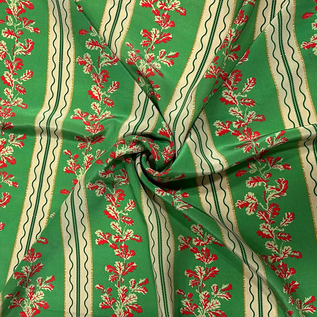 Green with beige-red floral stripe pattern | Viscose
