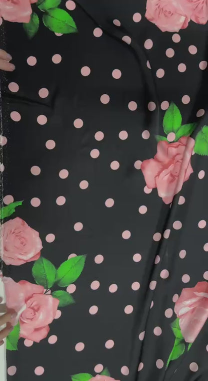 Pink roses &amp; dots on black | Viscose